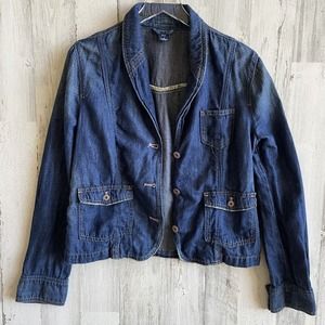 GAP Womens Jean Jacket Size 14 Jr. Vintage 2002 Unique 3 pocket Pink Stitching